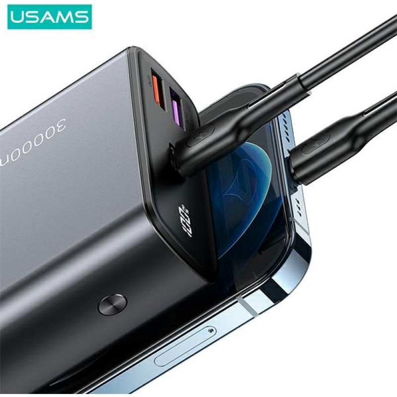 Power bank USAMS PB59 US-CD165 30000 mAh, 65 W, 2x QC3.0 + PD, czarny, z kablem USB-C do USB-C