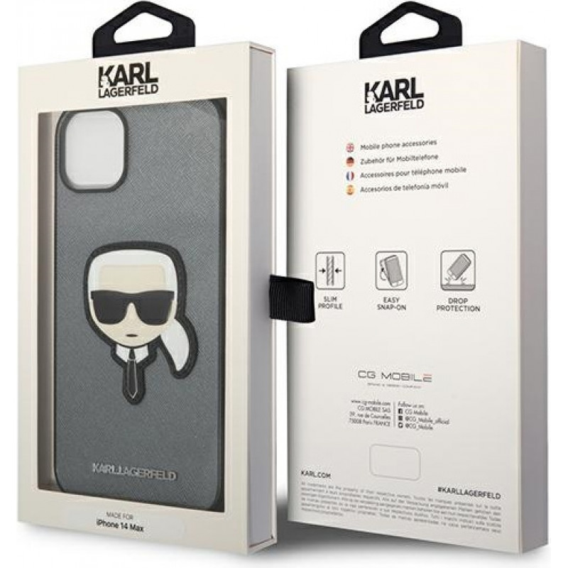 Karl Lagerfeld KLHCP14SSAPKHG Etui twarde na Apple iPhone 14, Saffiano Karl's Head Patch, srebrne