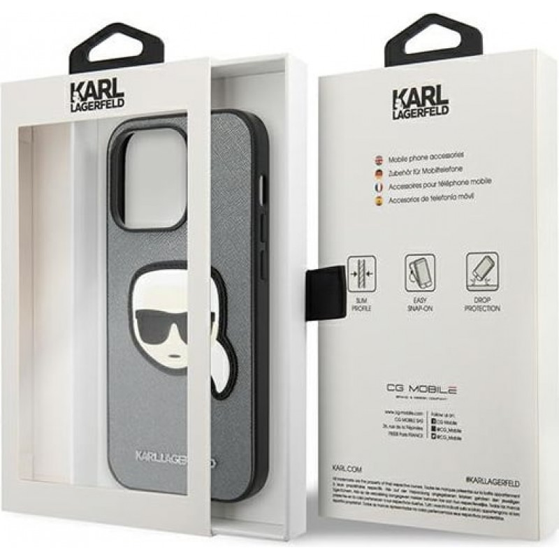 Karl Lagerfeld KLHCP14XSAPKHG Etui twarde na Apple iPhone 14 Pro Max, Saffiano Karl's Head Patch, srebrne