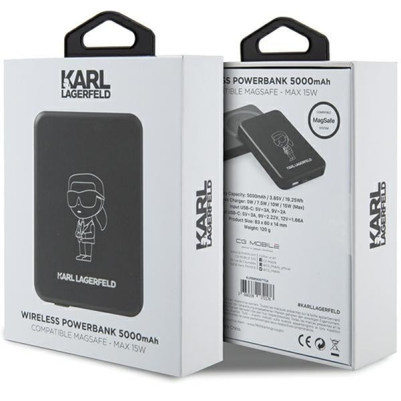 Karl Lagerfeld KLPBM5KIOTTGK Indukcyjny power bank 5000 mAh 15W, Outline Ikonik, MagSafe, czarny