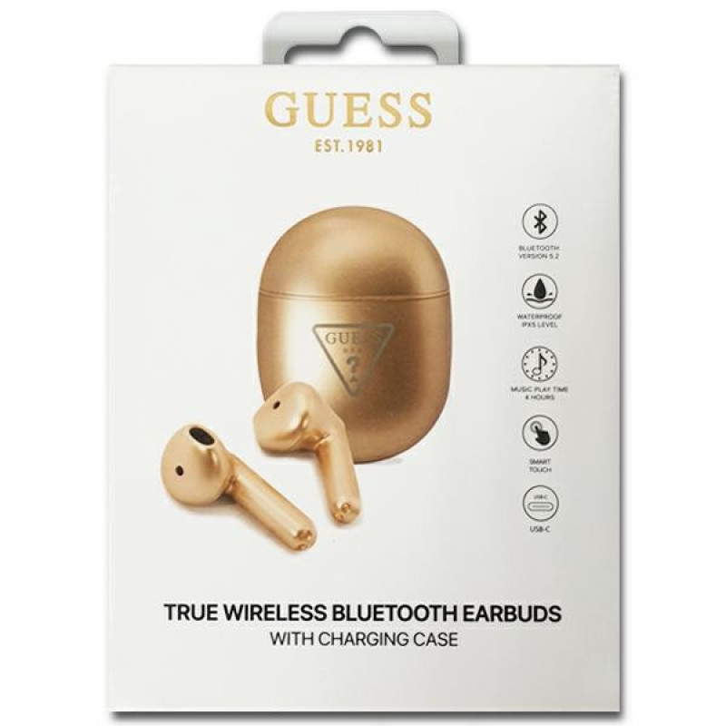 Bezprzewodowe słuchawki dokanałowe TWS Guess GUTWST82TRD ze stacją dokującą, Triangle Logo, Bluetooth 5.0, złote