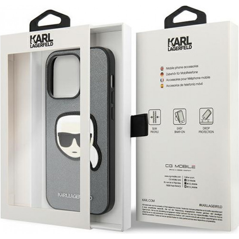 Karl Lagerfeld KLHCP14LSAPKHG Etui twarde na Apple iPhone 14 Pro, Saffiano Karl's Head Patch, srebrne