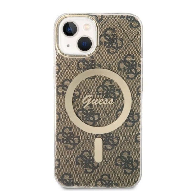 Guess GUBPP14MH4EACSW Etui + ładowarka bezprzewodowa Apple iPhone 14 Plus / iPhone 15 Plus brązowe etui twarde, 4G Print, MagSafe