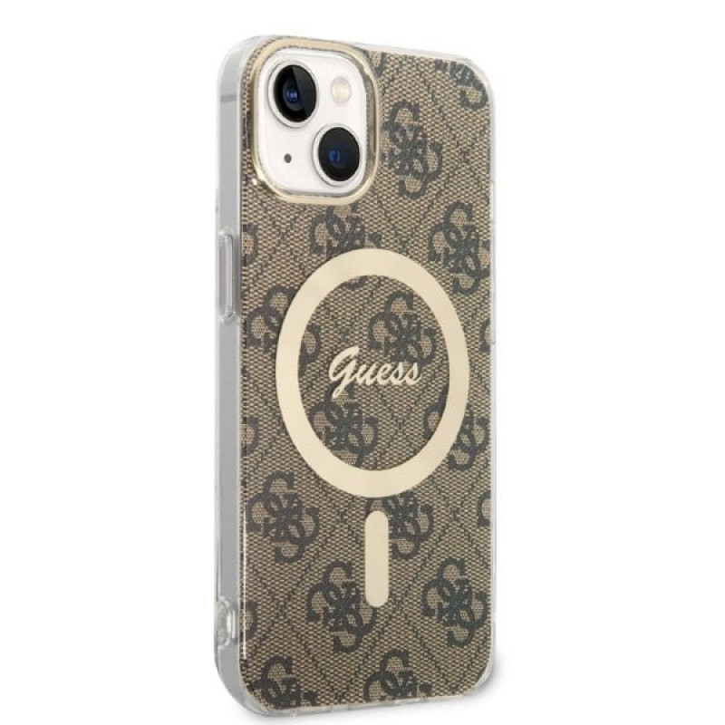 Guess GUBPP14MH4EACSW Etui + ładowarka bezprzewodowa Apple iPhone 14 Plus / iPhone 15 Plus brązowe etui twarde, 4G Print, MagSafe