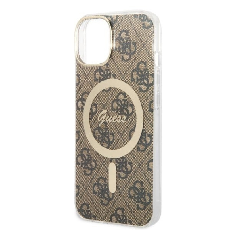 Guess GUBPP14MH4EACSW Etui + ładowarka bezprzewodowa Apple iPhone 14 Plus / iPhone 15 Plus brązowe etui twarde, 4G Print, MagSafe