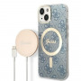 Guess GUBPP14MH4EACSB Etui + ładowarka bezprzewodowa Apple iPhone 14 Plus / iPhone 15 Plus niebieskie etui twarde, 4G Print, MagSafe