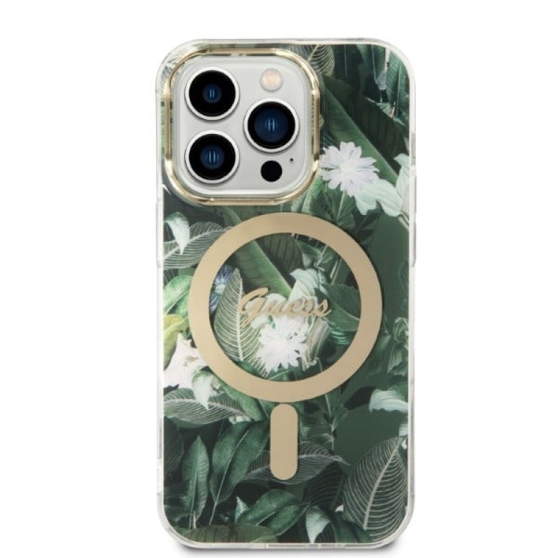 Guess GUBPP14LHJEACSA Etui + ładowarka bezprzewodowa Apple iPhone 14 Pro zielone hardcase, Jungle, MagSafe