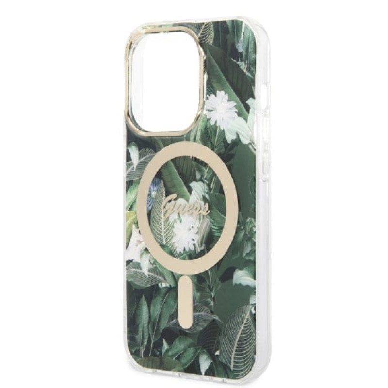 Guess GUBPP14LHJEACSA Etui + ładowarka bezprzewodowa Apple iPhone 14 Pro zielone hardcase, Jungle, MagSafe
