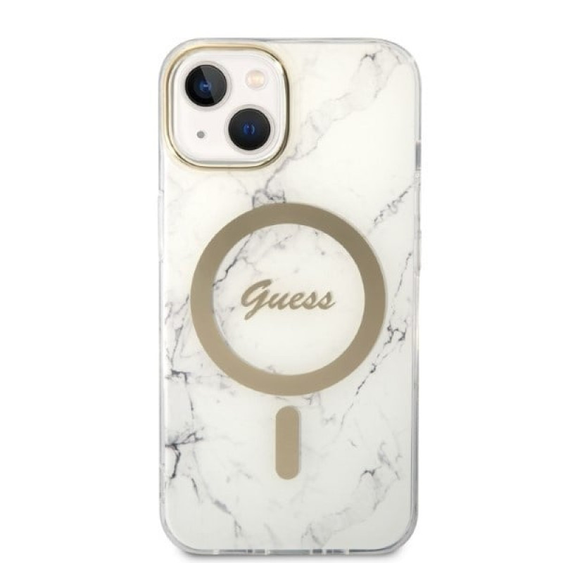 Guess GUBPP14MHMEACSH Etui + ładowarka bezprzewodowa Apple iPhone 14 Plus / iPhone 15 Plus biały hardcase, Marble, MagSafe