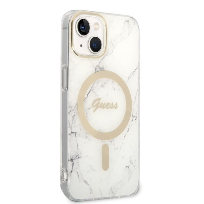 Guess GUBPP14MHMEACSH Etui + ładowarka bezprzewodowa Apple iPhone 14 Plus / iPhone 15 Plus biały hardcase, Marble, MagSafe
