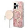 Guess GUBPP14LHJEACSP Etui + ładowarka bezprzewodowa do Apple iPhone 14 Pro, Jungle, różowe etui twarde, MagSafe