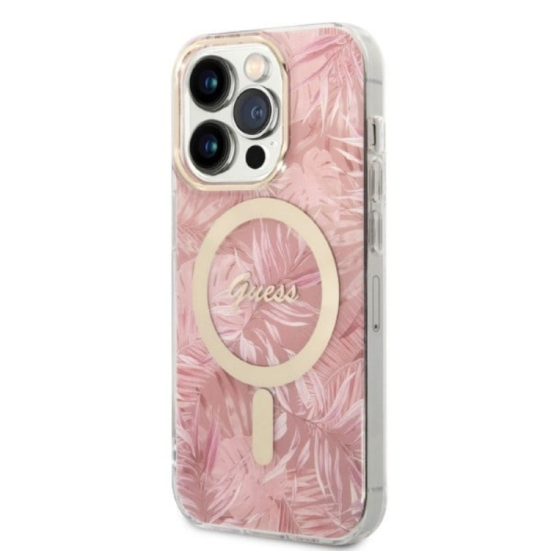 Guess GUBPP14LHJEACSP Etui + ładowarka bezprzewodowa do Apple iPhone 14 Pro, Jungle, różowe etui twarde, MagSafe