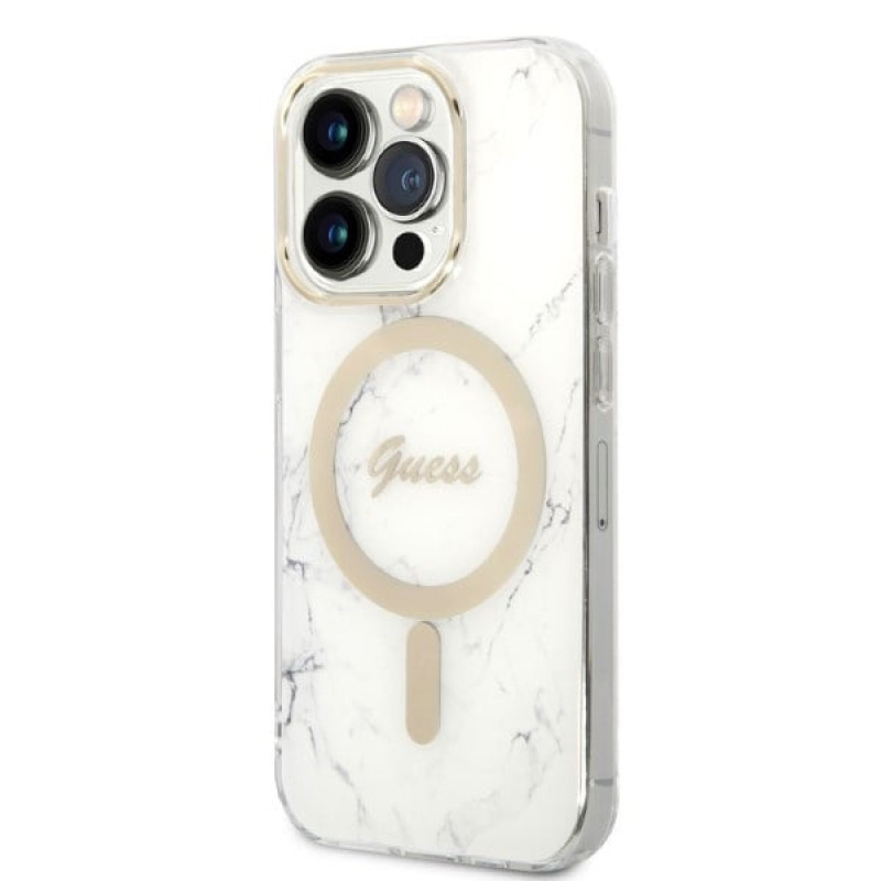 Guess GUBPP14LHMEACSH etui + ładowarka bezprzewodowa Apple iPhone 14 Pro, biały hardcase, Marble, MagSafe