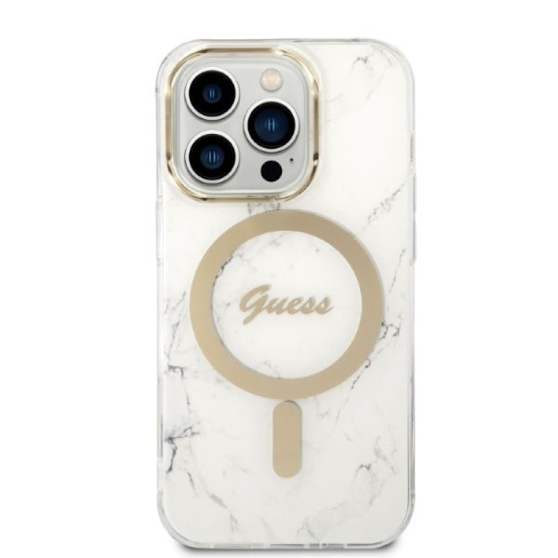 Guess GUBPP14LHMEACSH etui + ładowarka bezprzewodowa Apple iPhone 14 Pro, biały hardcase, Marble, MagSafe