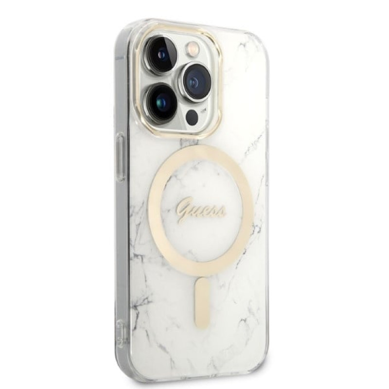 Guess GUBPP14LHMEACSH etui + ładowarka bezprzewodowa Apple iPhone 14 Pro, biały hardcase, Marble, MagSafe