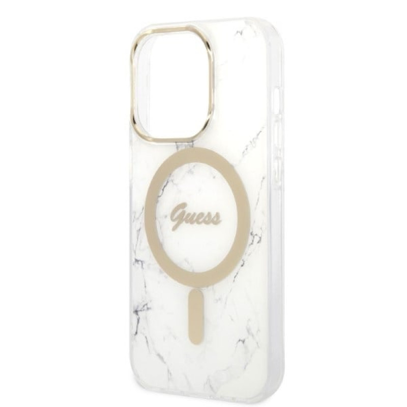Guess GUBPP14LHMEACSH etui + ładowarka bezprzewodowa Apple iPhone 14 Pro, biały hardcase, Marble, MagSafe