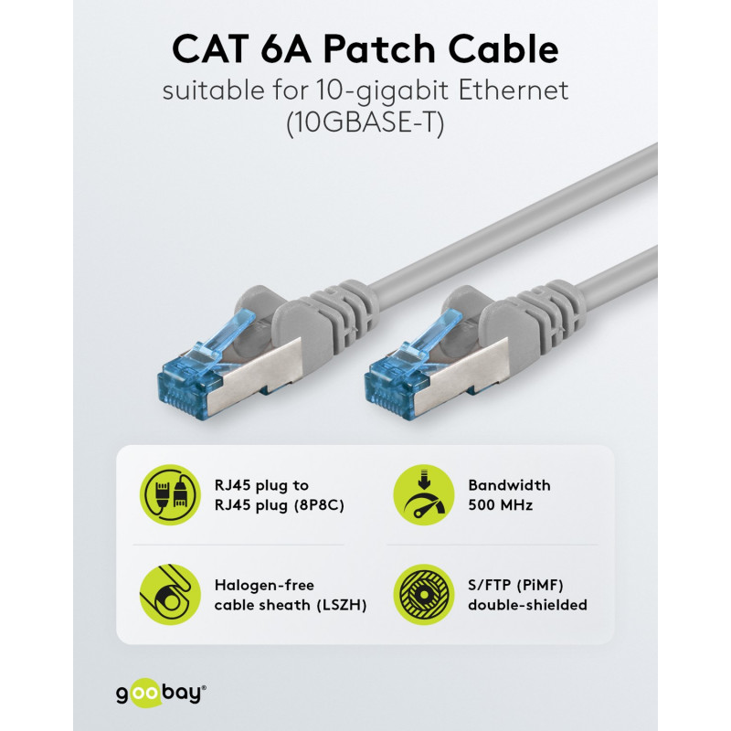 Kabel krosowy (patchcord) Goobay CAT 6A S/FTP (PiMF), 5 m, szary, zestaw 10 szt., żyła miedziana (CU), powłoka bezhalogenowa (LSZH)