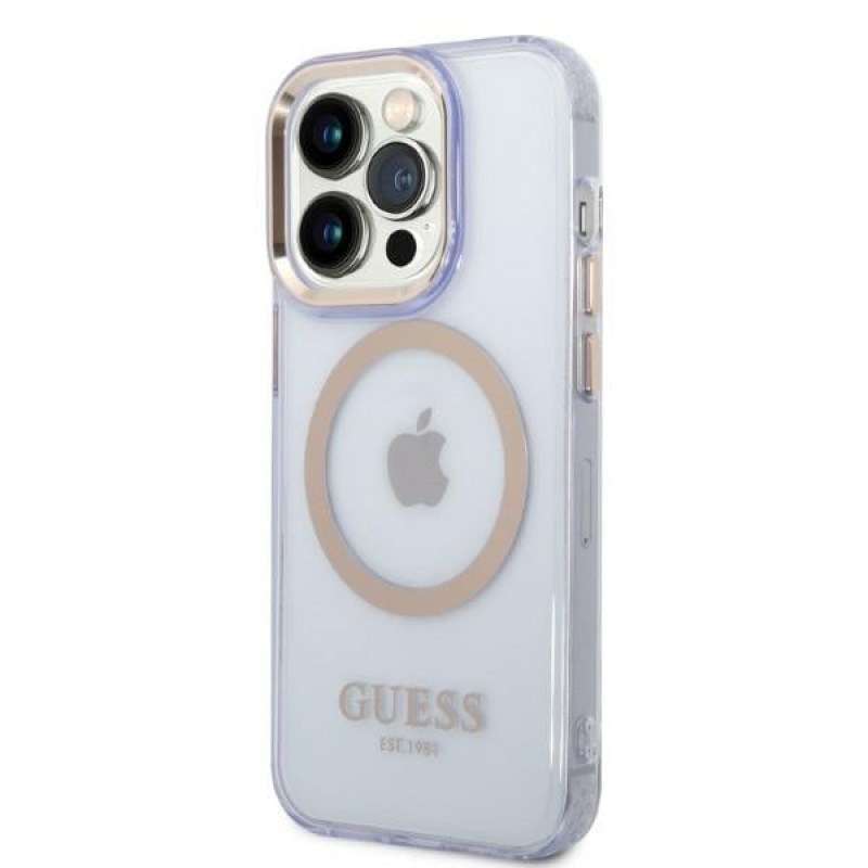 Guess GUHMP14XHTCMU Apple iPhone 14 Pro Max fioletowe etui twarde, Gold Outline Translucent, MagSafe