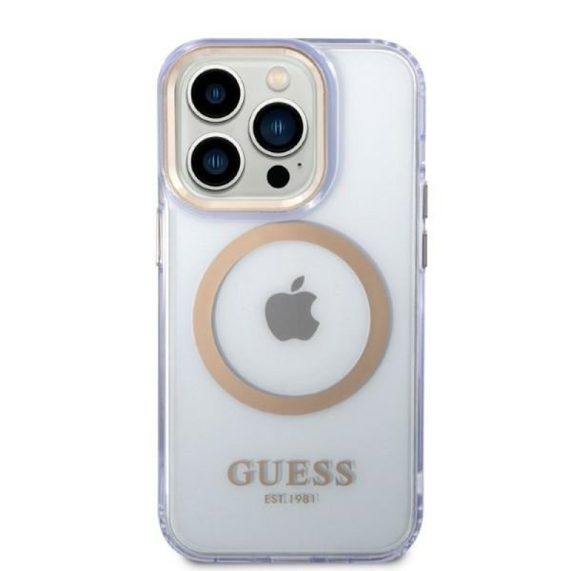 Guess GUHMP14XHTCMU Apple iPhone 14 Pro Max fioletowe etui twarde, Gold Outline Translucent, MagSafe