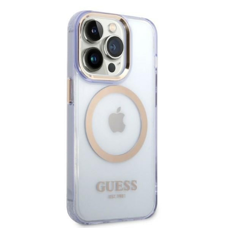 Guess GUHMP14XHTCMU Apple iPhone 14 Pro Max fioletowe etui twarde, Gold Outline Translucent, MagSafe