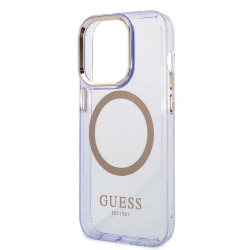 Guess GUHMP14XHTCMU Apple iPhone 14 Pro Max fioletowe etui twarde, Gold Outline Translucent, MagSafe