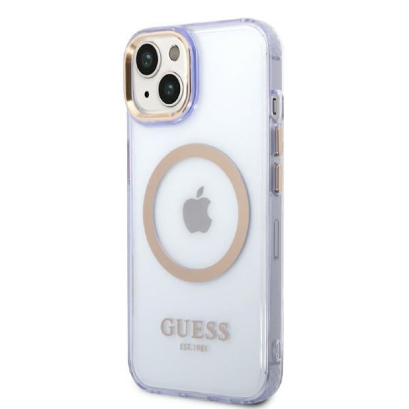 Guess GUHMP14SHTCMU Apple iPhone 14 fioletowe etui twarde, Gold Outline Translucent, MagSafe