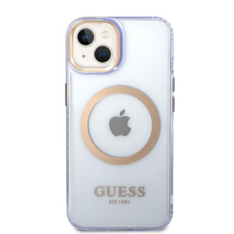 Guess GUHMP14SHTCMU Apple iPhone 14 fioletowe etui twarde, Gold Outline Translucent, MagSafe