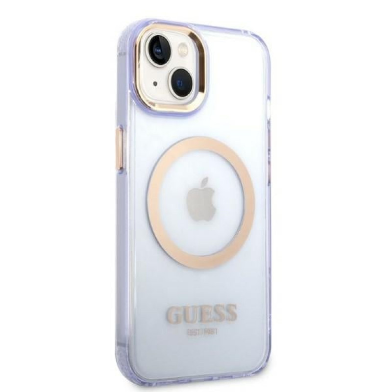 Guess GUHMP14SHTCMU Apple iPhone 14 fioletowe etui twarde, Gold Outline Translucent, MagSafe