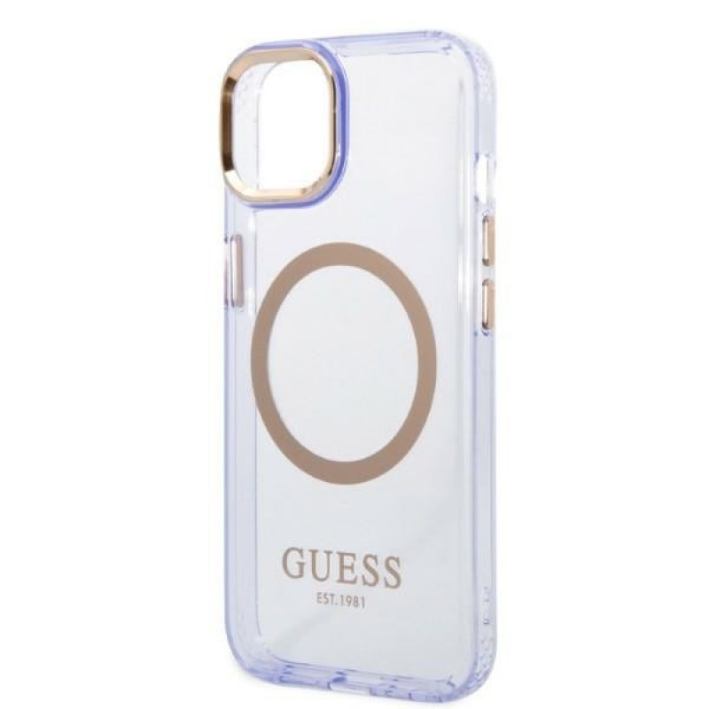 Guess GUHMP14SHTCMU Apple iPhone 14 fioletowe etui twarde, Gold Outline Translucent, MagSafe