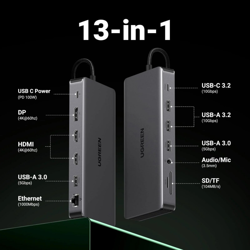 Stacja dokująca USB-C do laptopa Ugreen Revodok Pro 313 (15978), UGR1851, 100 W, szara