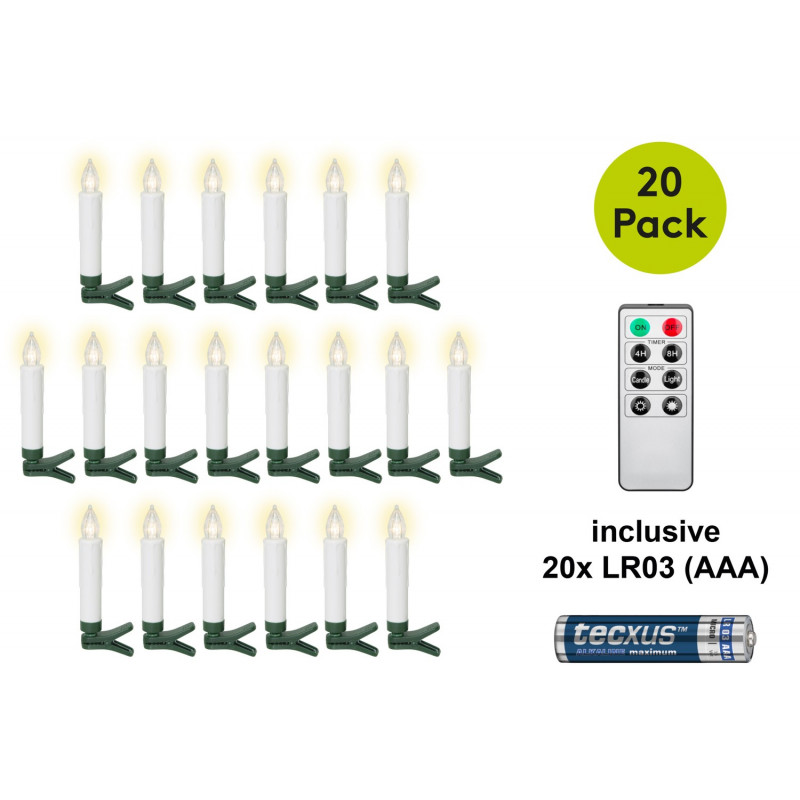 Goobay 75258 Bezprzewodowe LED świeczki choinkowe (20 szt.), w tym 20x AAA (LR03), klipsy, pilot, timer, ściemniane, ciepła biel (2600 K)
