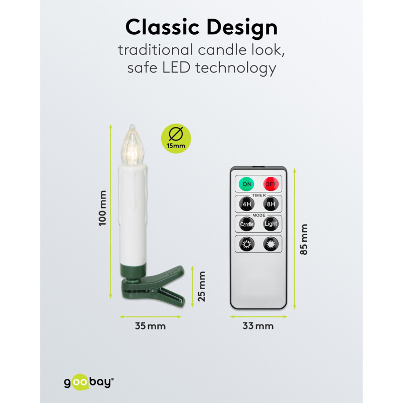 Goobay 75258 Bezprzewodowe LED świeczki choinkowe (20 szt.), w tym 20x AAA (LR03), klipsy, pilot, timer, ściemniane, ciepła biel (2600 K)