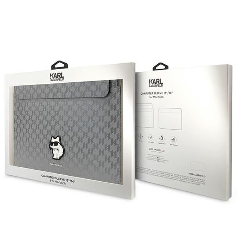 Etui na laptopa Karl Lagerfeld KLCS14SAKHPCG na 14 cali, srebrne, Saffiano Monogram Choupette