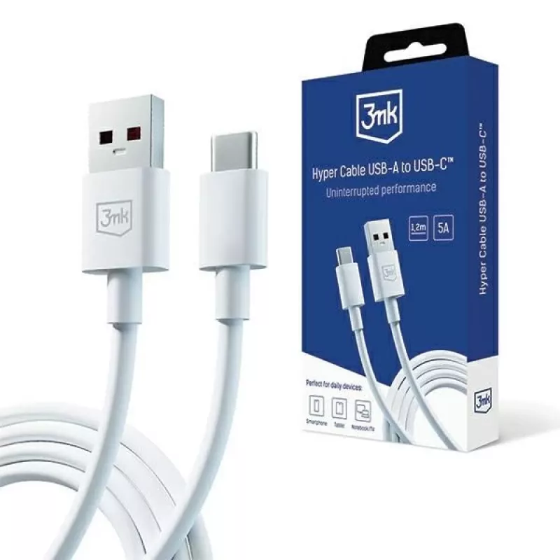 3MK Hyper Cable USB-A do USB-C 5A 60W 1,2m Biały