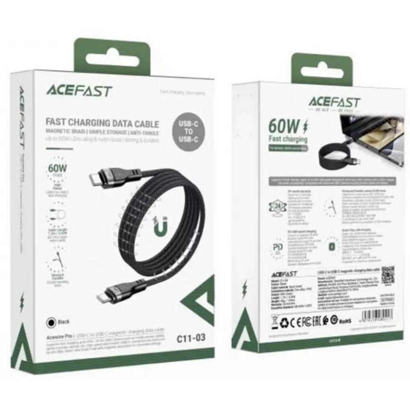 Acefast C11-03 3w1 USB-C na USB-C Kabel 100W 480Mbps 1.2m Czarny
