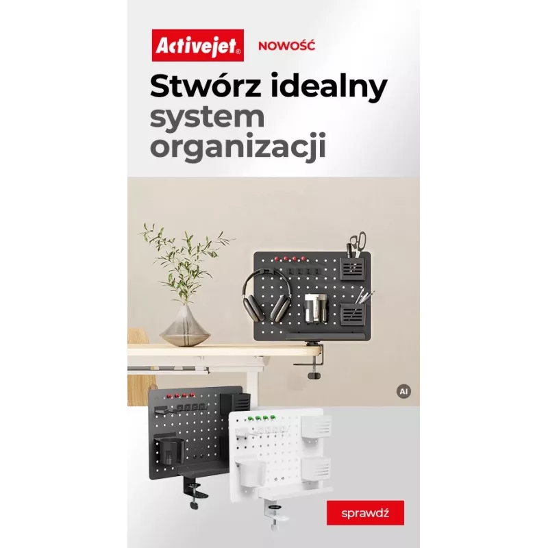 Activejet APB-002W Obrotowa perforowana tablica organizer na biurko, szary i biały