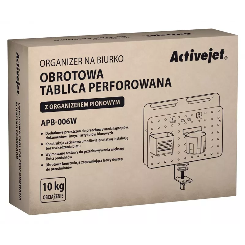 Activejet APB-006W Obrotowy organizer biurkowy z panelem perforowanym, szary i biały