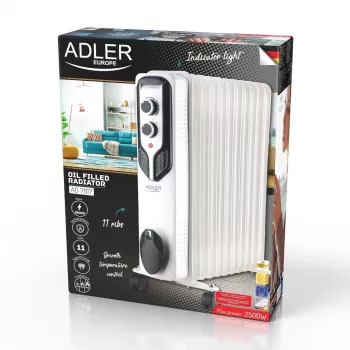 Adler AD 7817 Olejowy grzejnik radiatorowy, 11 żeberek, 2500W, 3 poziomy grzania, regulowany termostat, ochrona przed przegrzaniem i przewróceniem, kółka i uchwyt, czarny