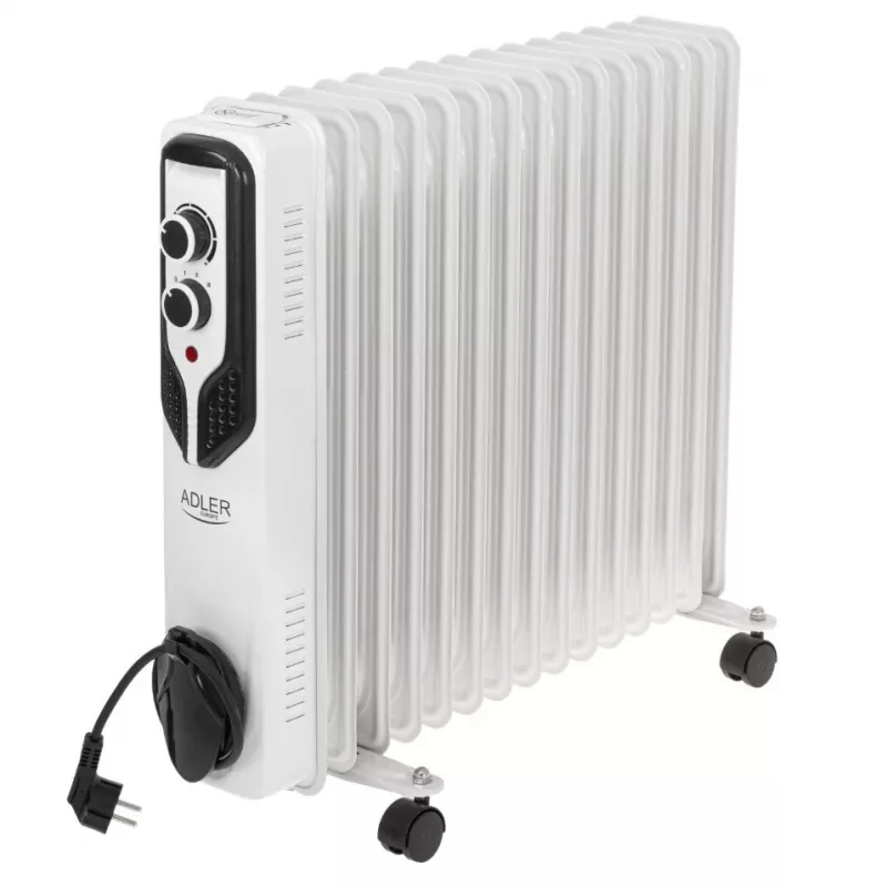 Adler AD 7819 Olejowy grzejnik radiatorowy, 2000W, 9 żeberek, 3 poziomy grzania, termostat regulowany, ochrona przed przegrzaniem, wbudowane kółka, biały/szary