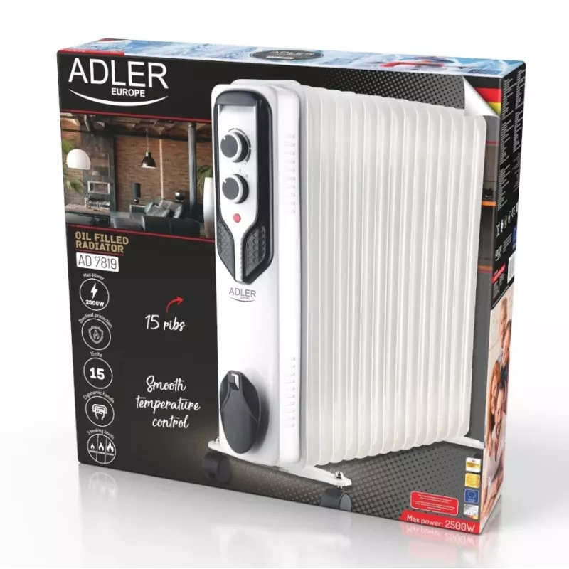 Adler AD 7819 Olejowy grzejnik radiatorowy, 2000W, 9 żeberek, 3 poziomy grzania, termostat regulowany, ochrona przed przegrzaniem, wbudowane kółka, biały/szary