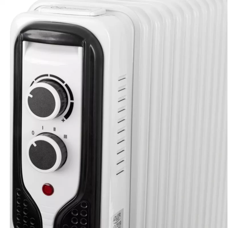 Adler AD 7819 Olejowy grzejnik radiatorowy, 2000W, 9 żeberek, 3 poziomy grzania, termostat regulowany, ochrona przed przegrzaniem, wbudowane kółka, biały/szary