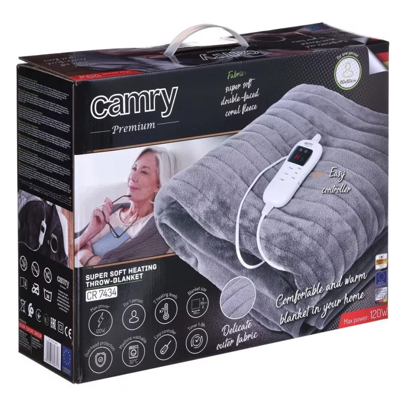 Adler CAMRY CR 7434 Elektryczny podkład pod prześcieradło - miękki polar, 3 poziomy grzania, 150x80 cm, biały/szary