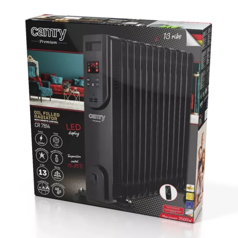 Adler Camry CR 7814 Olejowy grzejnik z pilotem, 2500 W, 3 poziomy mocy, 11 żeberek, cyfrowy termostat, 24-godzinny timer, wyświetlacz LED, ochrona przed przegrzaniem i przewróceniem, czarny
