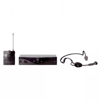 AKG WMS45 Sports Set Bezprzewodowy system mikrofonowy z zestawem słuchawkowym C544 L, pasmo UHF BD U2 (614-630 MHz), nadajnik bodypack, odbiornik stacjonarny, zasięg 30 m