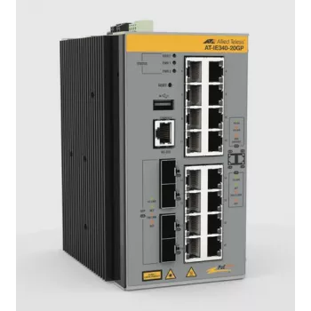 Allied Telesis AT-IE340-20GP-980 Przemysłowy zarządzany przełącznik PoE+ Layer 3+ z 16 portami Gigabit RJ45, 4 SFP, budżet PoE 240W, zgodny z TAA