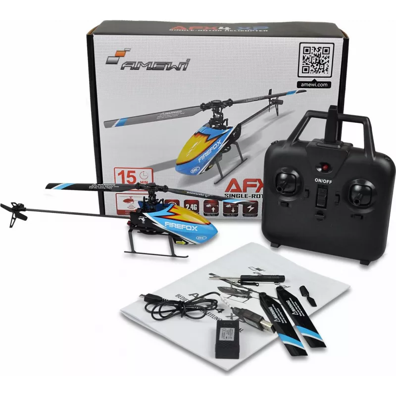 Amewi AFX4 XP Zdalnie Sterowany Helikopter RTF 2.4GHz 6-Kanałowy z 6-osiowym Żyroskopem, Bezszczotkowym Silnikiem Głównym, Utrzymaniem Wysokości, LiPo 7.4V 700mAh, Niebiesko/Czarny