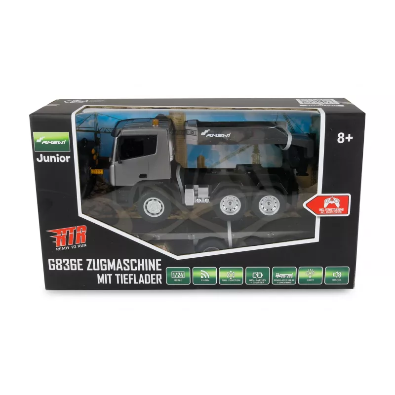 AMEWI RC Ciągnik budowlany z niskopodwoziową przyczepą 1:24 RTR