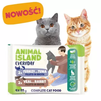 ANIMAL ISLAND Cielęcina / Królik i Indyk / Filety z Tuńczyka w Bulionie Mokra Karma dla Kotów, 4 x 85 g Saszetki, Bez Zbóż, Dla Dorosłych