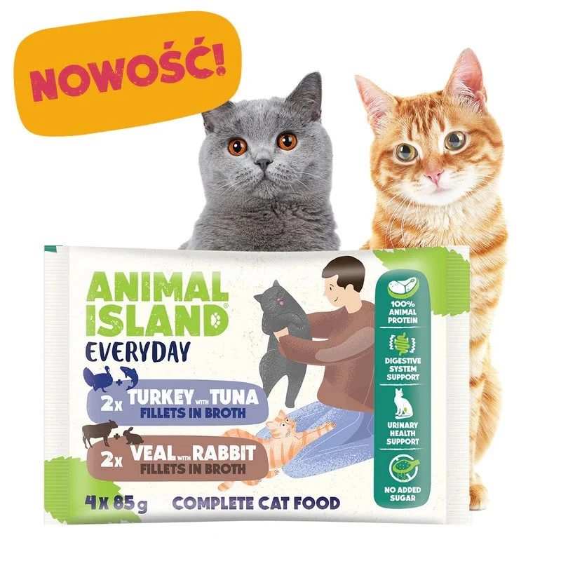 ANIMAL ISLAND Cielęcina / Królik i Indyk / Filety z Tuńczyka w Bulionie Mokra Karma dla Kotów, 4 x 85 g Saszetki, Bez Zbóż, Dla Dorosłych