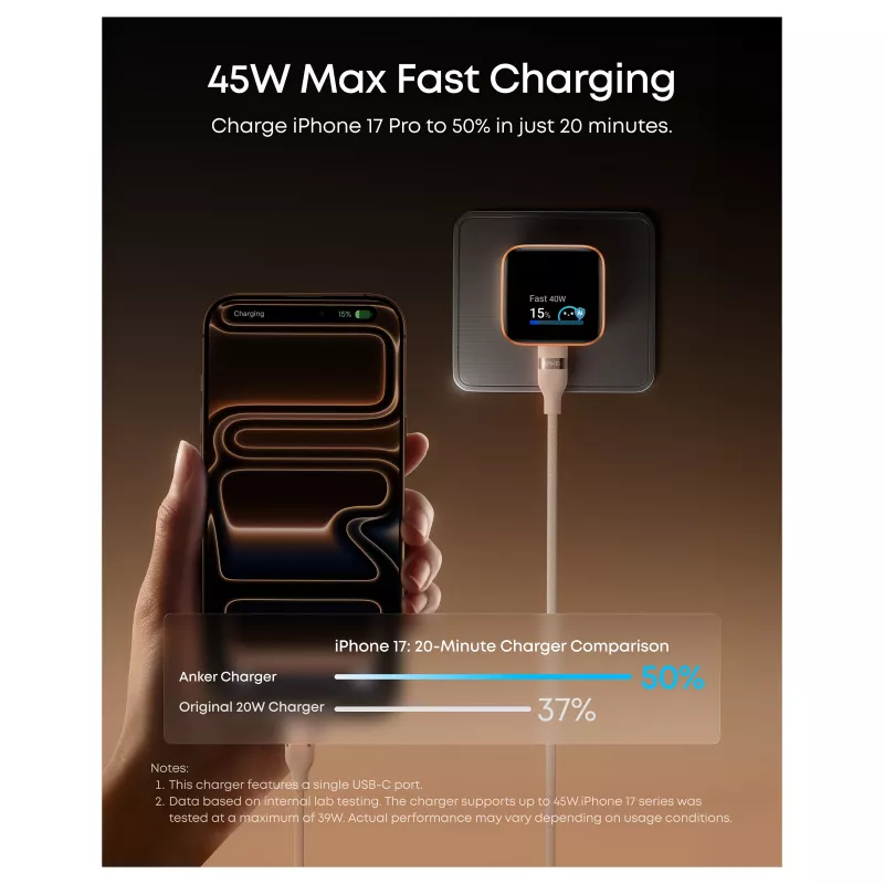 Anker Nano Charger 45W GaN USB-C Ładowarka z ActiveShield 5.0, Czujnikiem Dotykowym, SmartDisplay, Rozpoznawaniem iPhone, Pomarańczowy